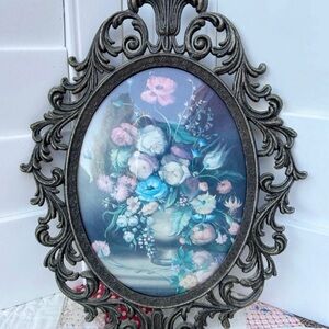 Vintage Floral Oval Brass Tone Metal Frame Bubble Convex Glass Italy 13 X 10